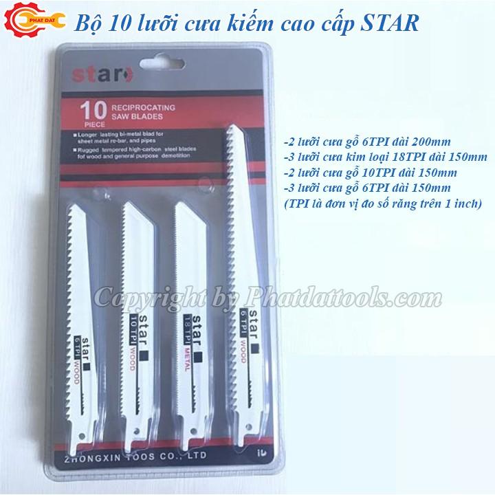 Bộ 10 lưỡi cưa kiếm cho máy cưa kiếm-gồm 3 lưỡi cưa kim loại và 7 lưỡi cưa gỗ.