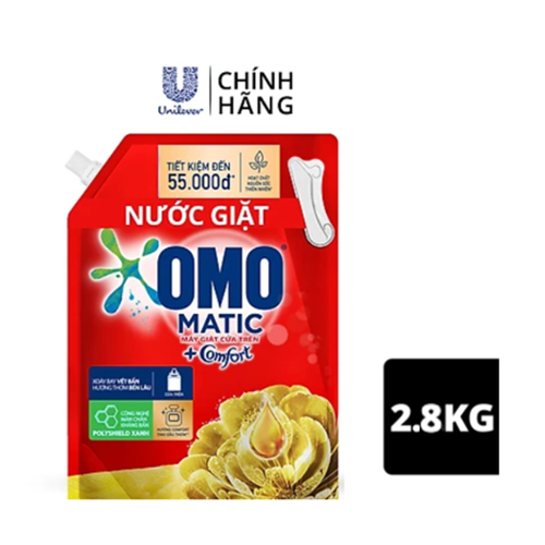 Túi Nước Giặt Omo Matic Comfort Cho Máy Giặt Cửa Trên Hương Tinh Dầu Thơm Xoáy Bay Vết Bẩn, Hương Thơm Bền Lâu 2.8Kg