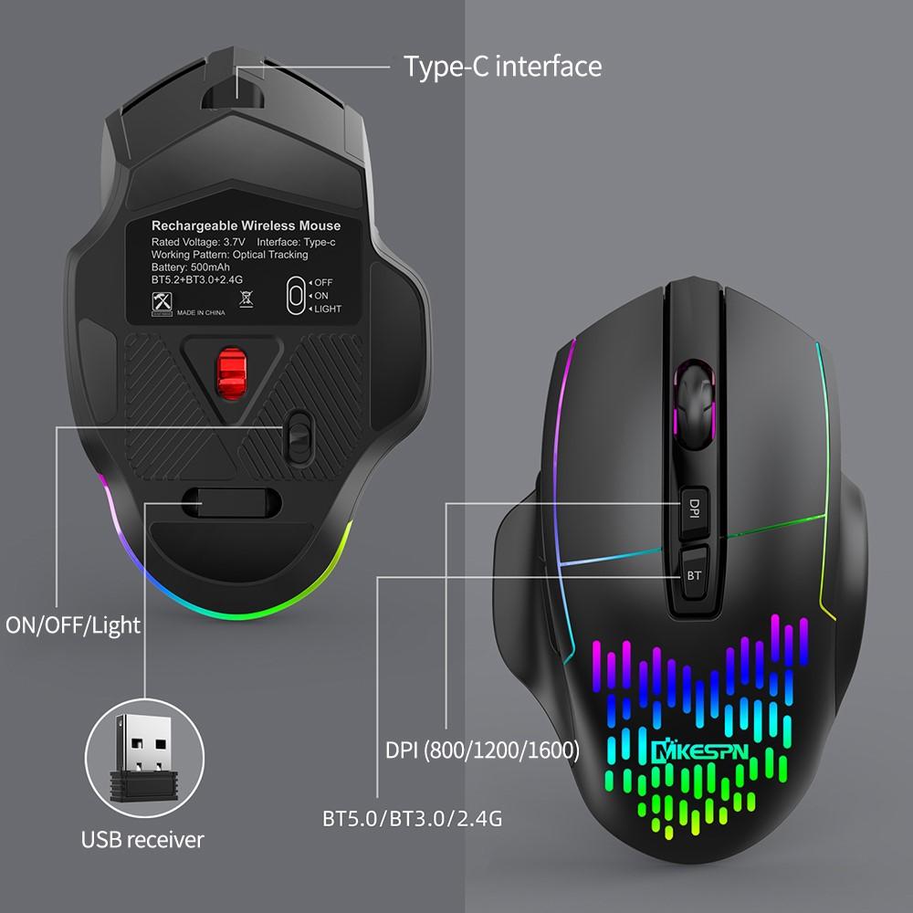 Chuột Không Dây 2.4G Sạc Ba Chế Độ Bluetooth-Tương Thích 5.2 Chuột Thở Ánh Sáng 3 DPI Có Thể Điều Chỉnh Cấp Độ Cắm chơi