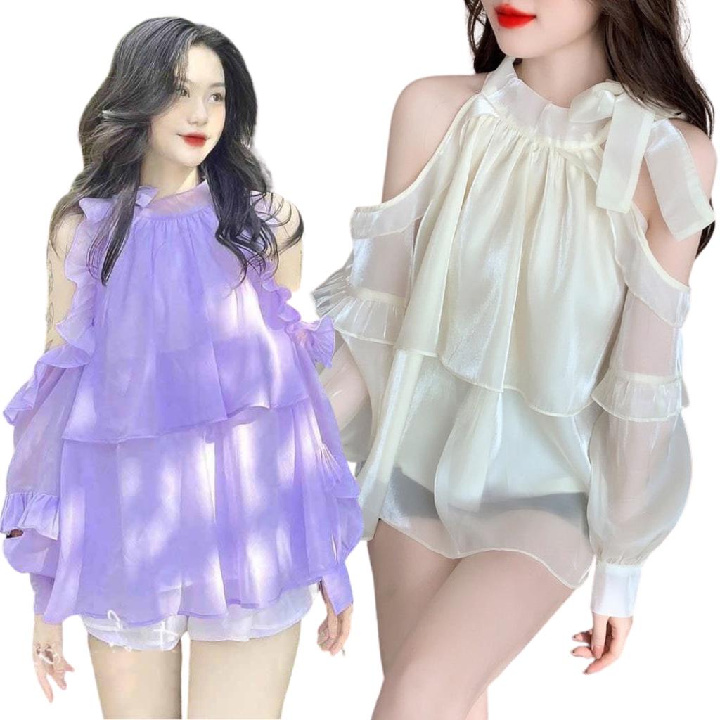 Áo Polo Sơ Mi Cách Điệu Xẻ Dưới Hai Màu Siêu Cá Tính Vải Tơ Ánh Cổ Nơ Baby Doll 2 Tần Bèo