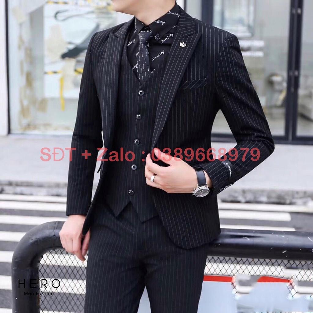 Bộ vest nam cao cấp 6 khuy kẻ sọc đen. Bộ suit nam thanh niên chất vải xịn