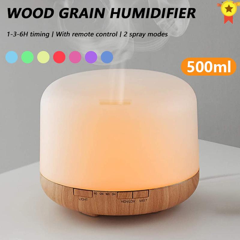 500Ml Thơm Khuếch Tán Tinh Dầu Khuếch Tán Có Điều Khiển Từ Xa Siêu Âm Thanh Vân Gỗ Máy Tạo Độ Ẩm Không Khí 7 Màu Đèn nhà