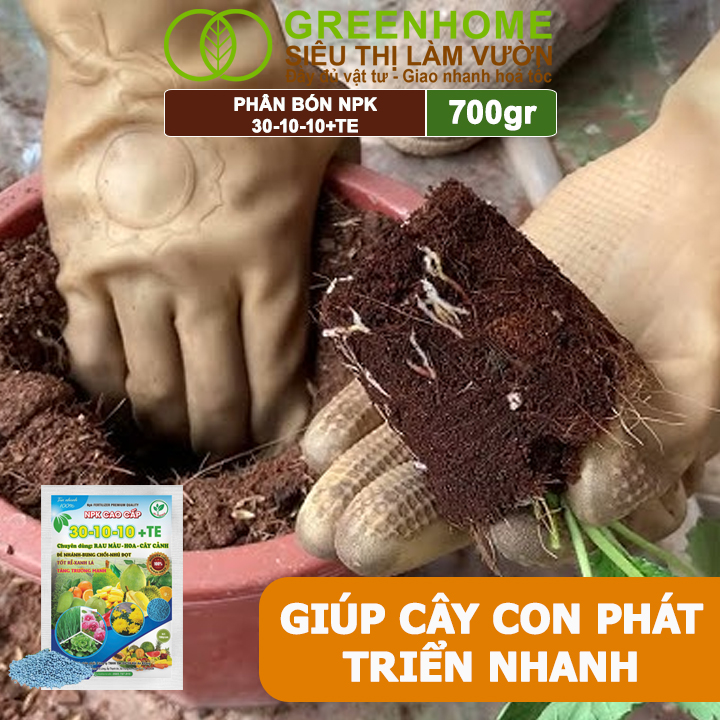 Phân Bón NPK 30-10-10+TE, Greenhome, Gói 700Gr, Giúp Cây Đẻ Nhánh, Bung Chồi, Nhú Đọt, Tốt Rễ