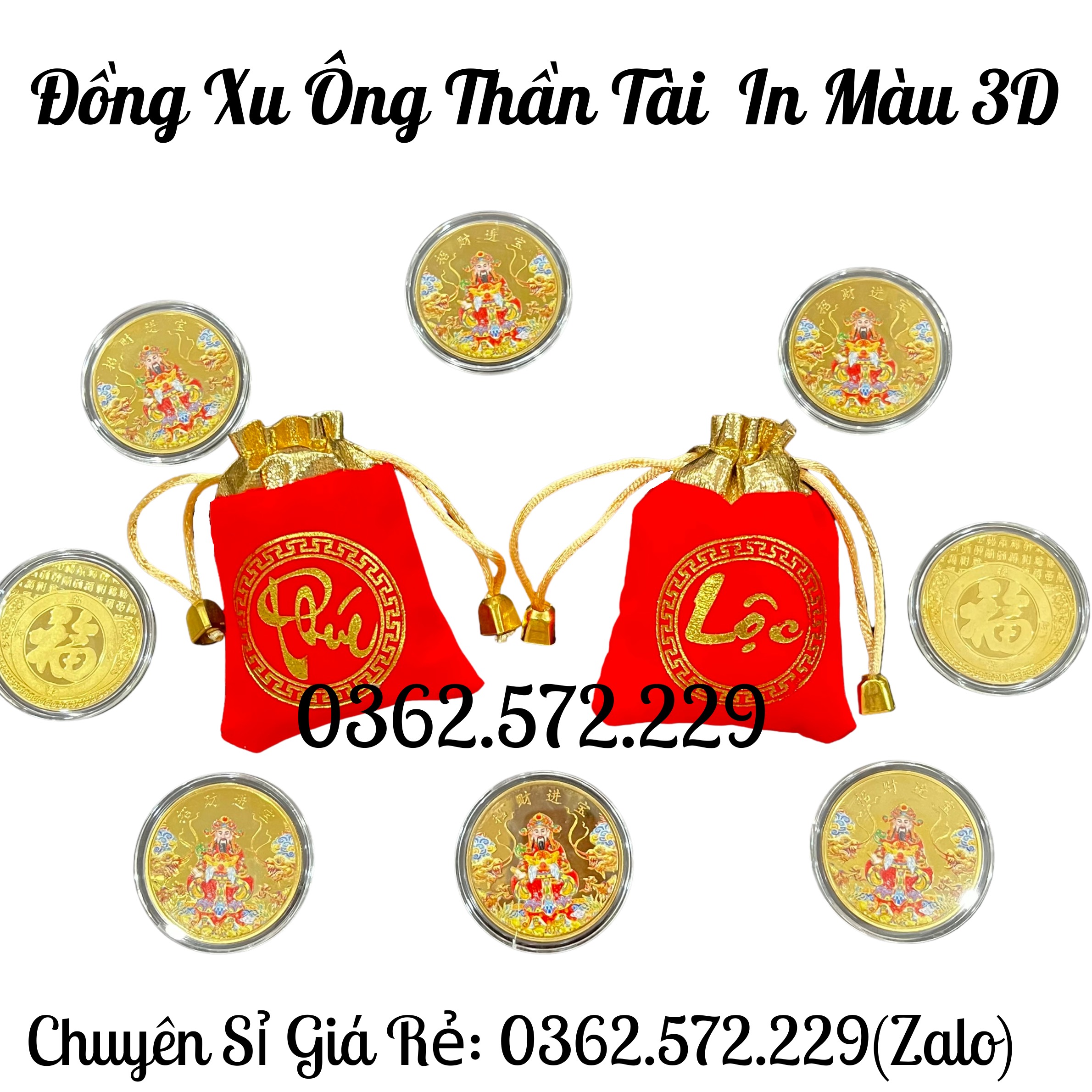 Đồng Xu Thần Tài Màu in 3D tặng Kèm Túi Gấm Phúc Lộc May Mắn Phong Thủy 