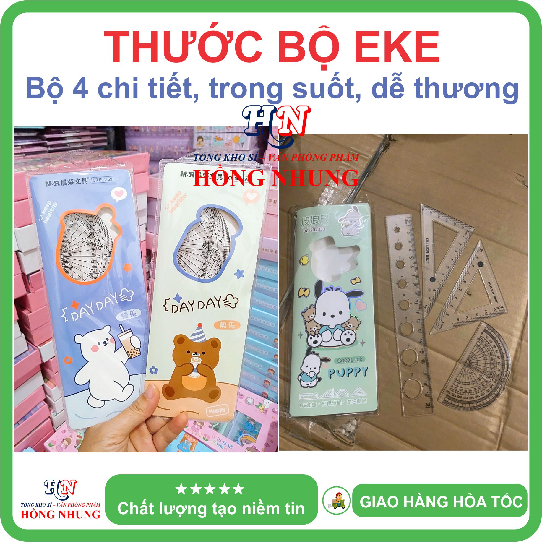 [SALE] Bộ Thước Eke 4 món dễ thương kèm túi, trong suốt, thích hợp cho học sinh để đo vẽ trường tròn, vẽ góc