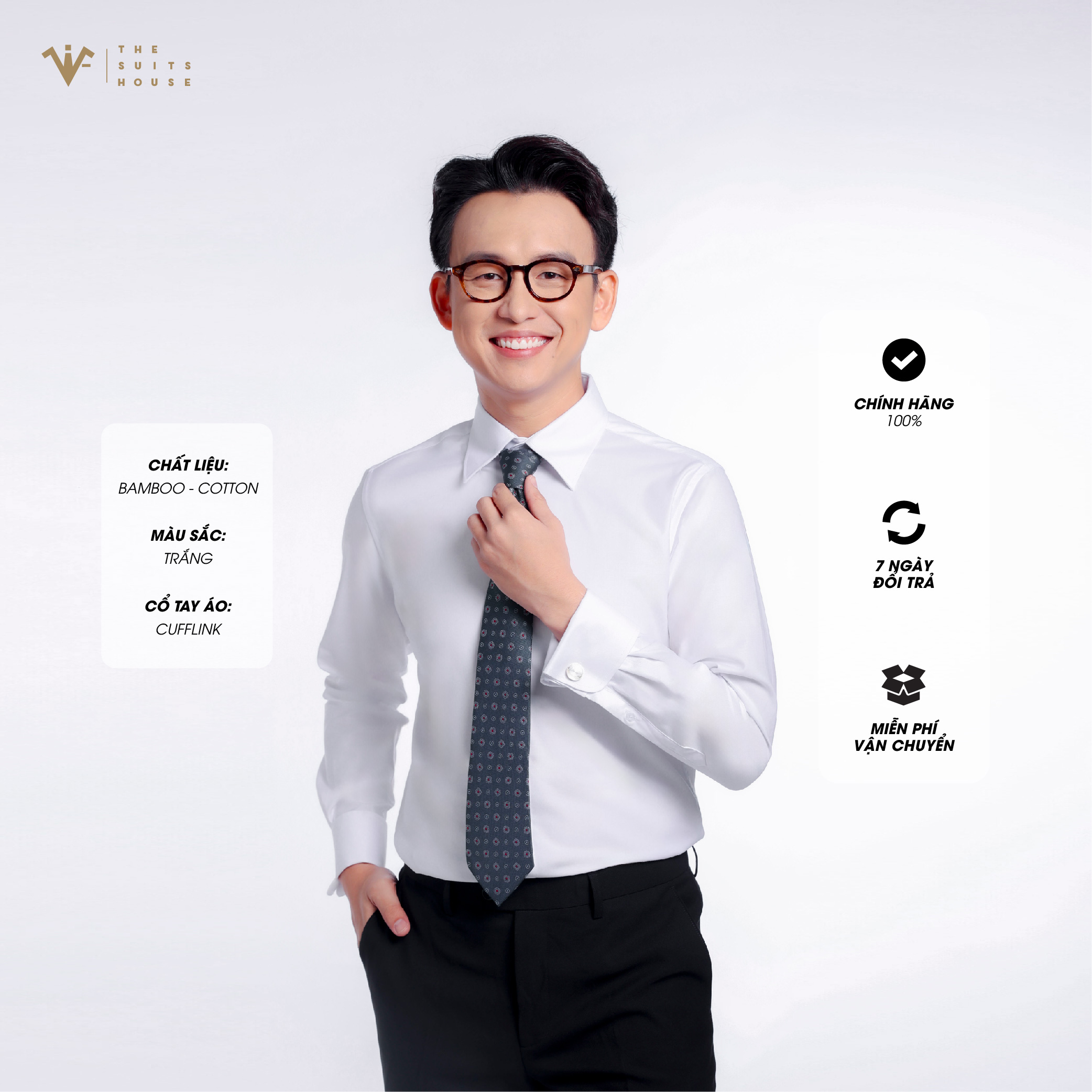 [MUA SƠ MI TẶNG CUFFLINK] ÁO SƠ MI TRẮNG, CỔ TAY ÁO CUFFLINKS, CHẤT LIỆU BAMBOO CAO CẤP, THƯƠNG HIỆU THE SUITS HOUSE