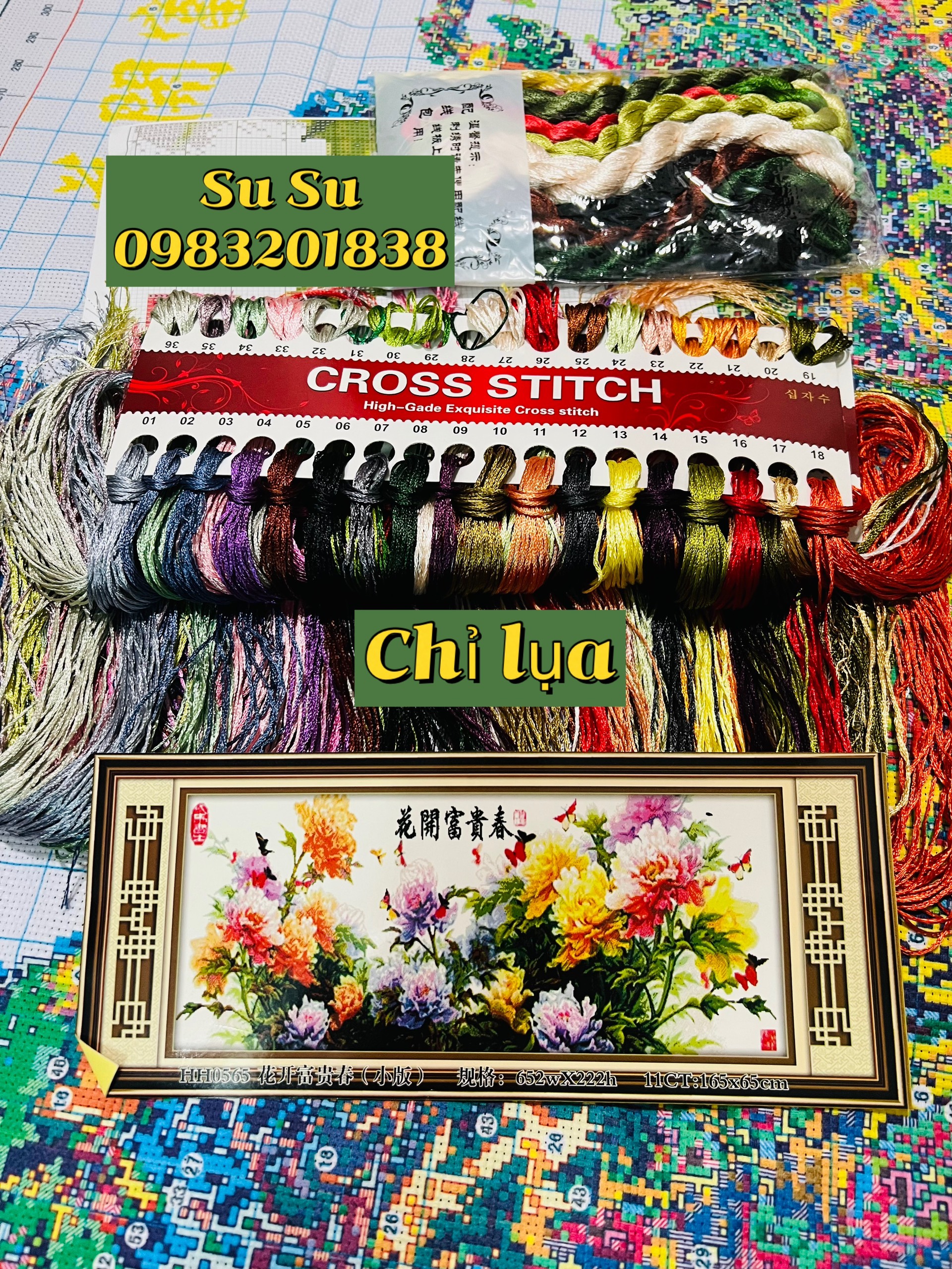 Tranh thêu chữ thập chỉ lụa thêu Hoa mẫu đơn HH0565, kích thước 165 x 65 cm
