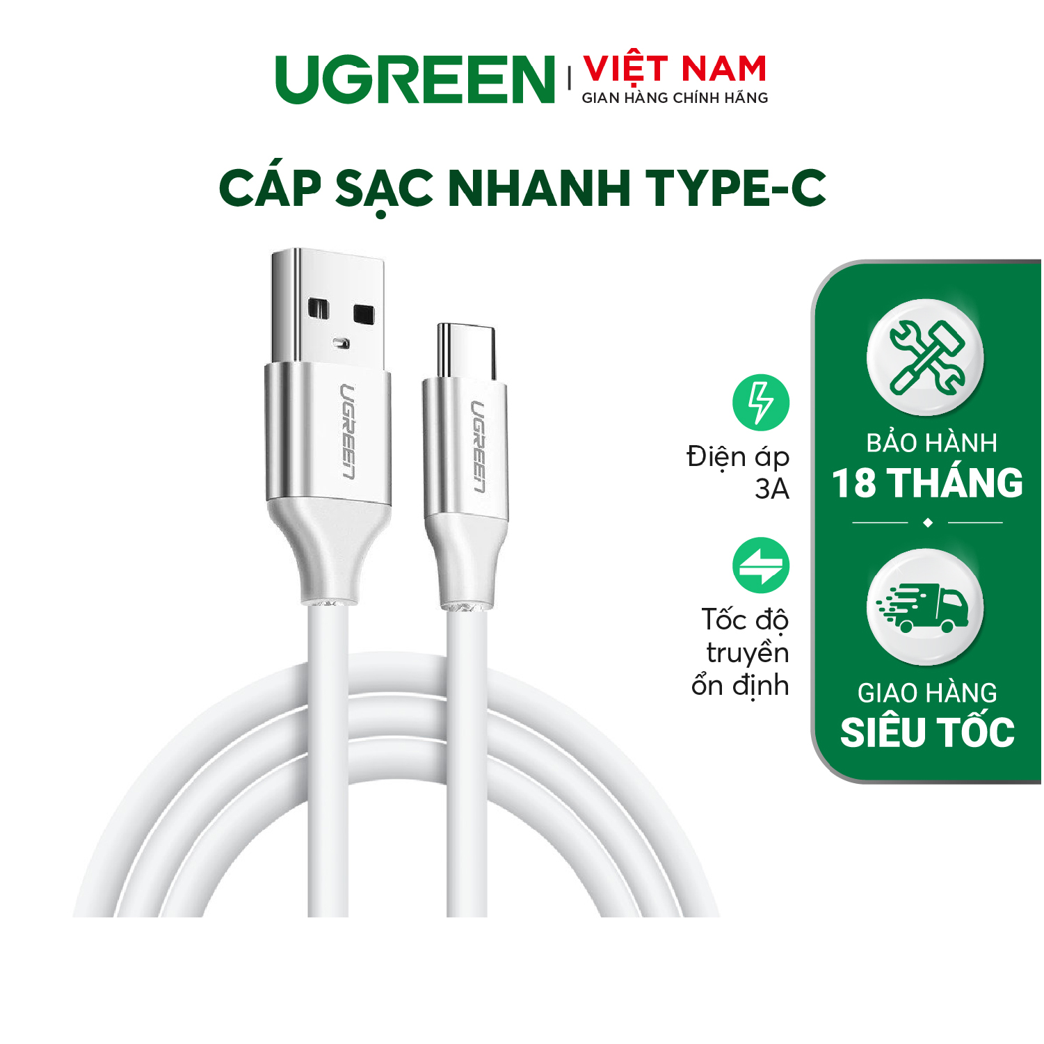Cáp sạc nhanh UGREEN US287 USB 2.0 sang USB Type-C, điện áp 3A, độ dài từ 0.25m đến 2m - Hàng chính hãng