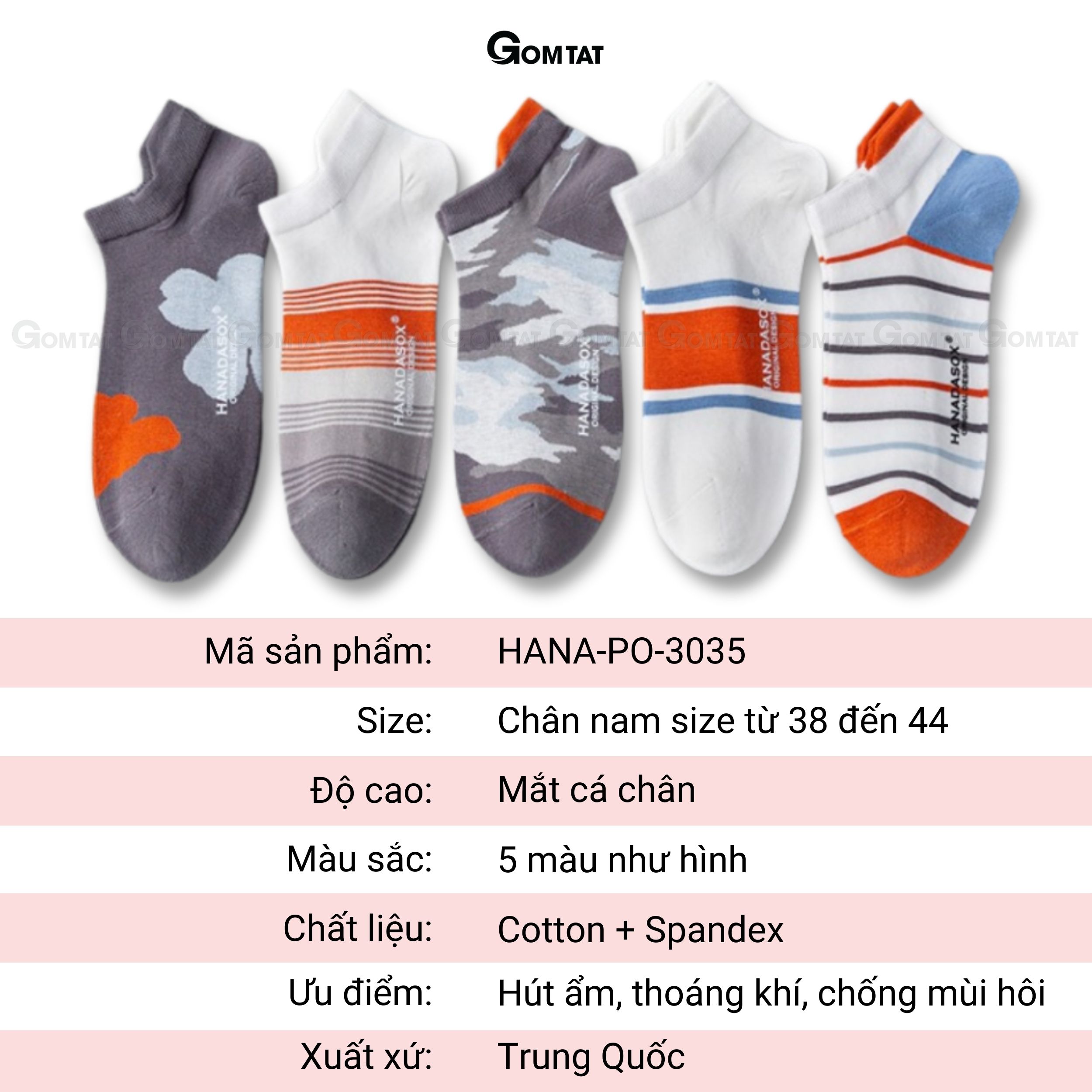 Set 5 đôi tất ngắn cổ nam họa tiết chất liệu cotton, vớ nam cổ thấp co giãn kháng khuẩn cực tốt - HANA-PO-3035-CB5