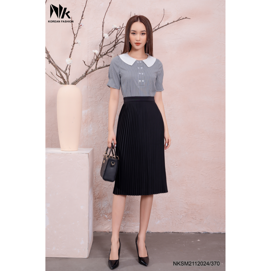 Áo Sơ Mi Nữ Cổ Sen Tay Ngắn NK FASHION Hoạ Tiết Kẻ Caro, Phong Cách Công Sở Mã NKSM2112024