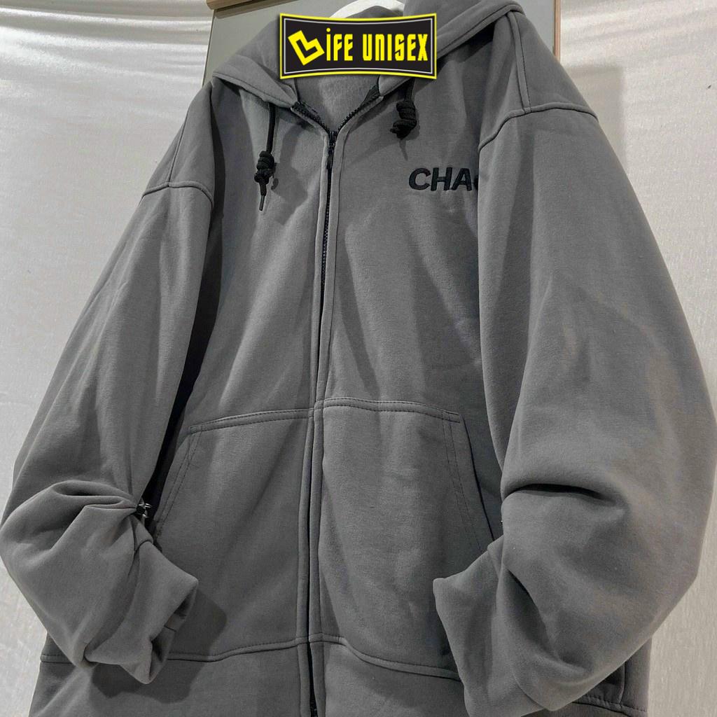 Áo khoác nỉ hoodie dây kéo THÊU CHỮ CHAOS Áo khoác Chống nắng Nam Nữ Phong cách Unisex form rộng Unisex
