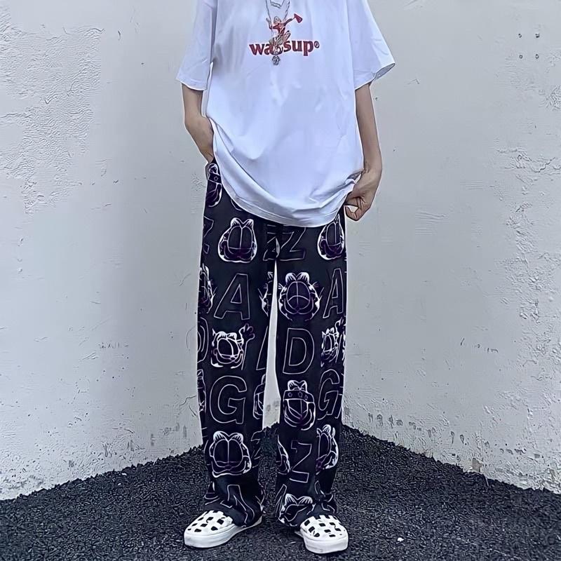Quần Jogger Thun Unisex có dây rút HOẠ TIẾT MÈO màu ĐEN/TRẮNG ️