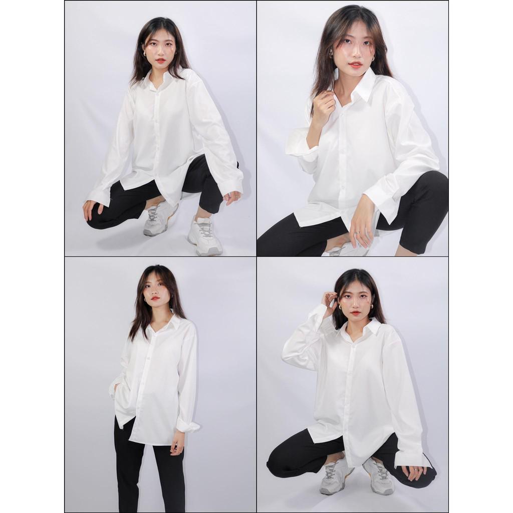 Áo Sơ mi TRƠN tay dài màu ĐEN/TRẮNG ️Nam Nữ Unisex chất lụa mềm mịn form rộng ️