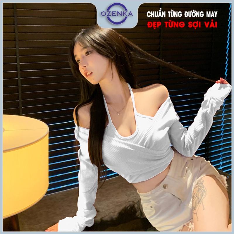 Áo croptop trễ vai tay dài ôm nữ 2 lớp Ozenka , áo crt cổ yếm buộc dây sau gáy màu đen trắng chất gân cotton mềm mịn mát