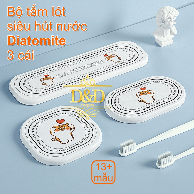 Set bộ lót ly, cốc Diatomite siêu hút nước họa tiết, thông điệp dễ thương