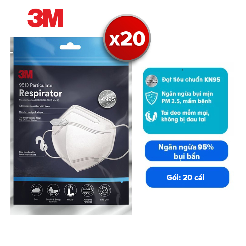 Khẩu Trang 3M 9013 Đạt Chuẩn Kn95, Ngăn Ngừa Bụi Mịn Pm2.5 Trắngđen - Combo 20 Trắng