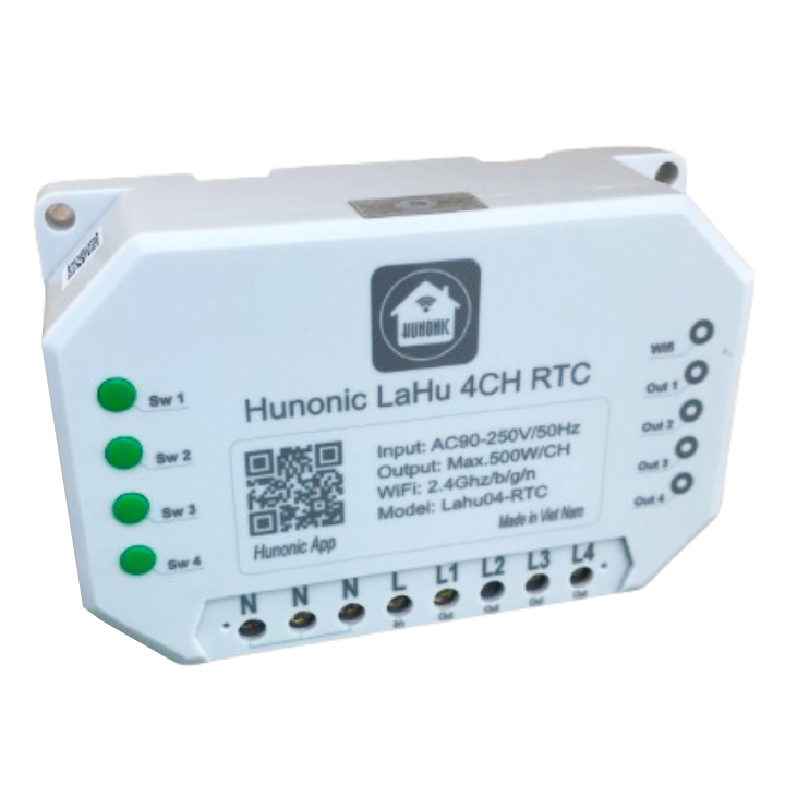 Công tắc thông minh Hunonic Lahu 4 Kênh RTC - Điều khiển qua Wifi, Bluetooth - Hẹn giờ không cần wifi