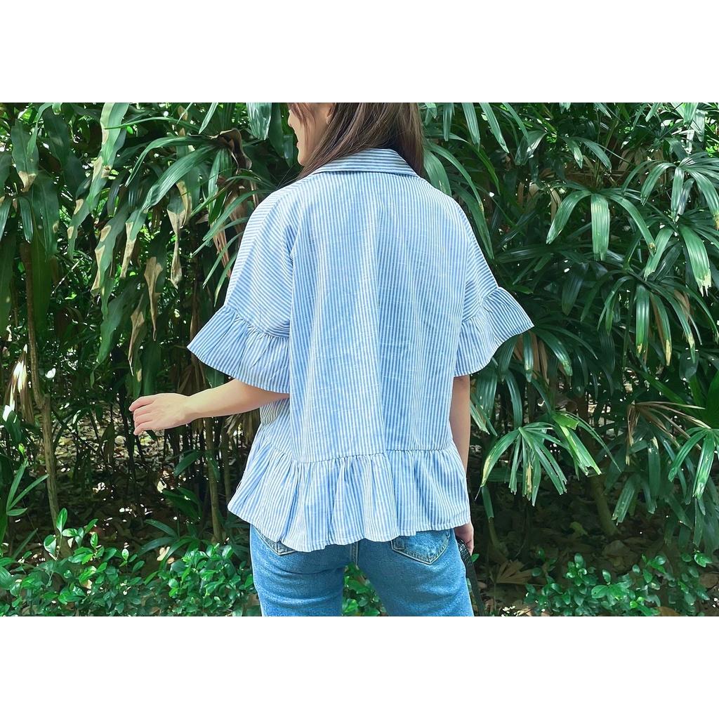 Áo Sơ Mi Kiểu Nữ, Cách Điệu Tay Áo Bèo, Tà Áo Bèo, Cổ Vest, Màu Xanh Sọc - Lovadova 21B05C001