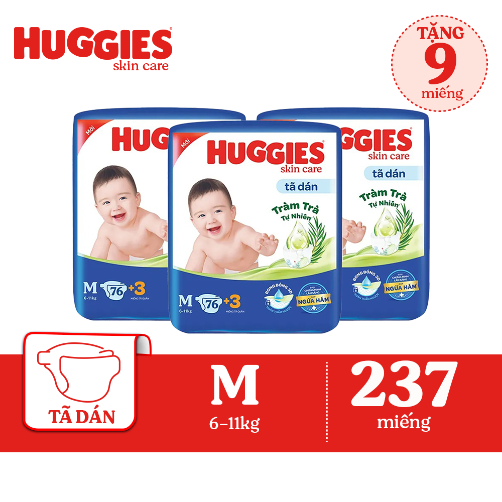 Combo 3 Tã dán Huggies Skincare Super Jumbo M 76+3 Miếng