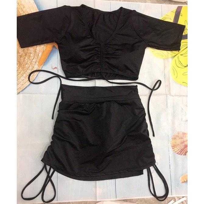 ĐỒ BƠI # SET BIKINI ĐI BIỂN HAI MẢNH ÁO TAY NGẮN RÚT NGỰC CHÂN VÁY RÚT DỄ THƯƠNG HM208