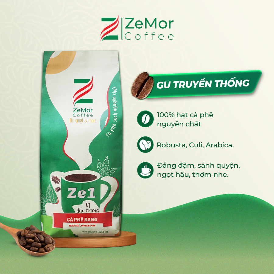 Cà phê rang mộc nguyên hạt cao cấp ZeMor Coffee túi 500g