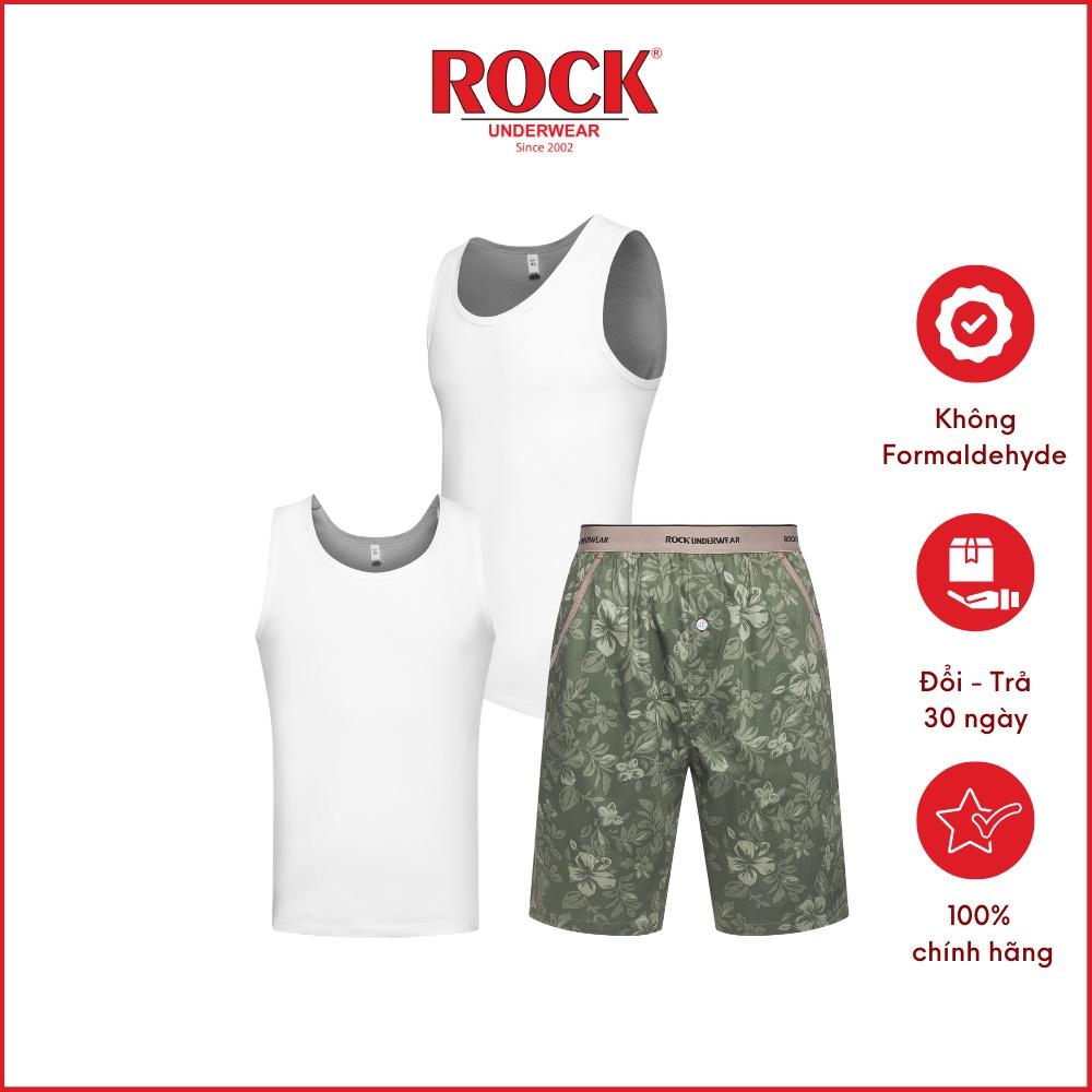 Combo 2 áo thun 3 lỗ không đường may vải cotton 100% ROCK 5076 + 1 quần Short nam 5047 mạnh mẽ cá tính mặc nhà, tập gym