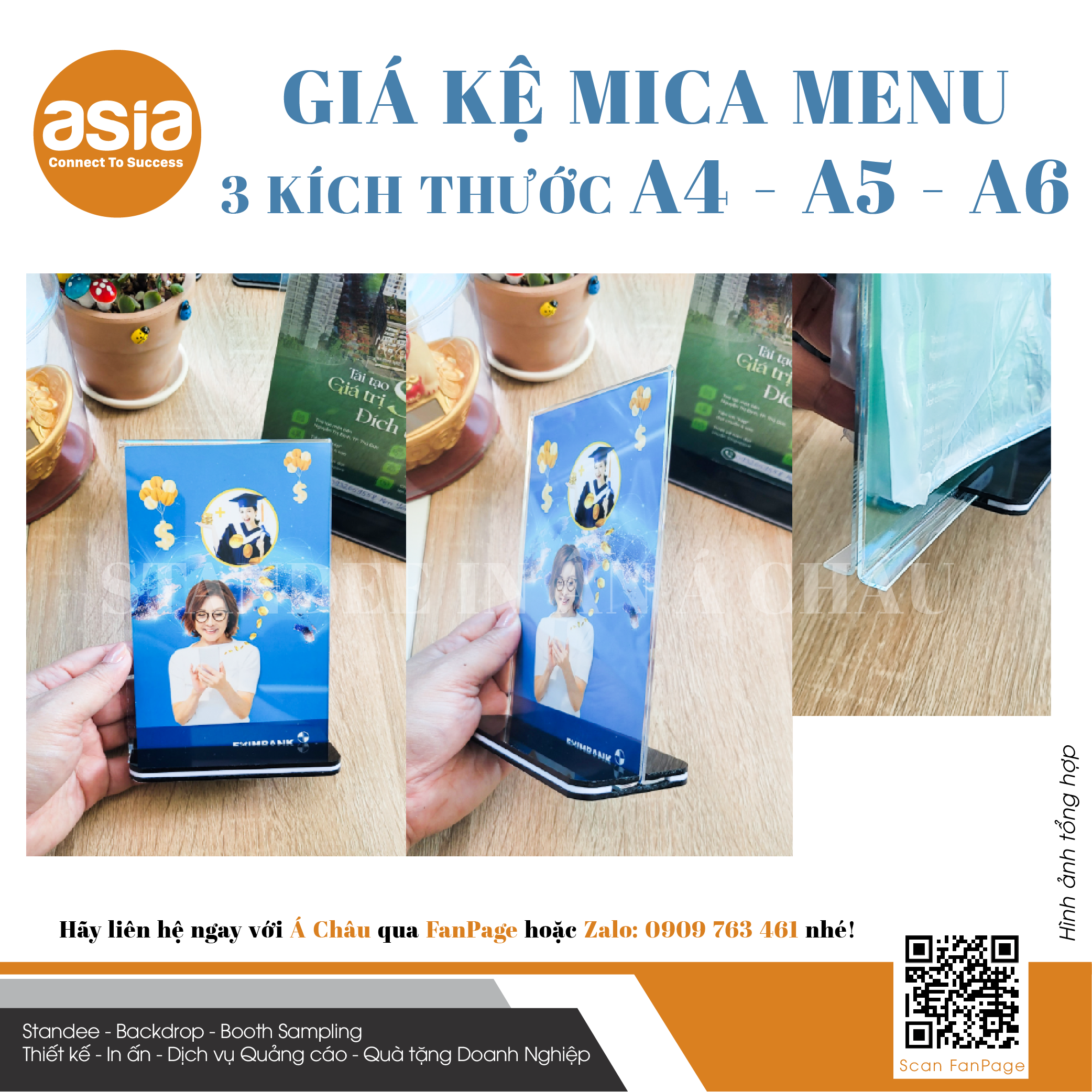 Kệ Menu mica, Tentcard Mica để bàn, kiểu đế đen, mica trong suốt, loại bền chắc