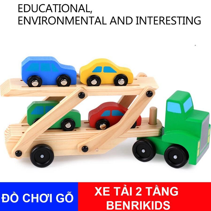 Đồ Chơi Gỗ,Xe Vận Tải 2 Tầng Chở 4 Chiếc Xe Con Co Duỗi Tháo Lắp Cho Bé Trai