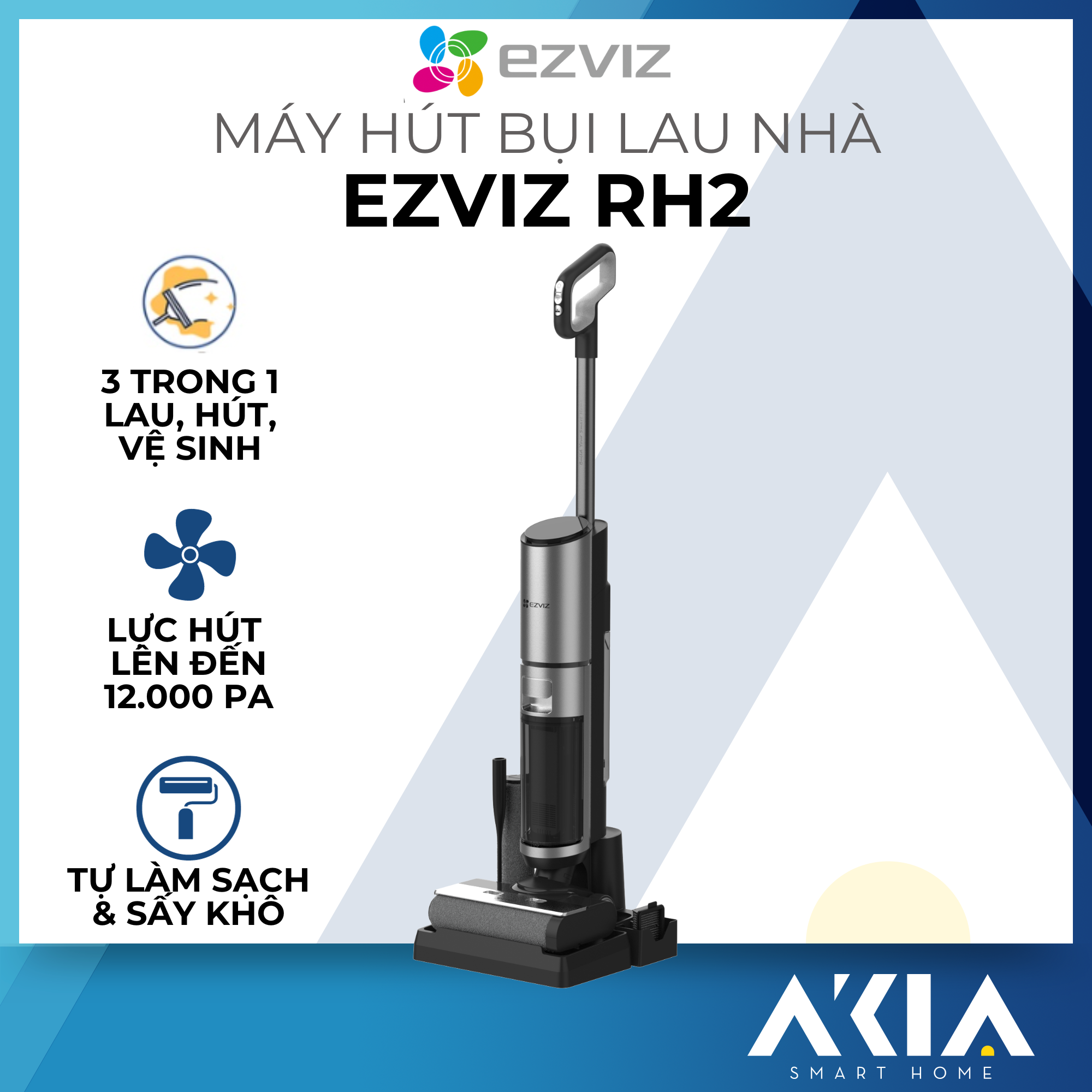 Máy hút bụi lau nhà thông minh Ezviz RH2 - Lực hút 12000Pa, Lau chùi và vệ sinh sàn, khoang chứa nước kép, tự động làm sạch và sấy khô - Hàng chính hãng