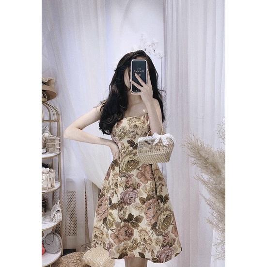 Đầm gấm bố hoa 2 dây phối nơ kèm mút ngực