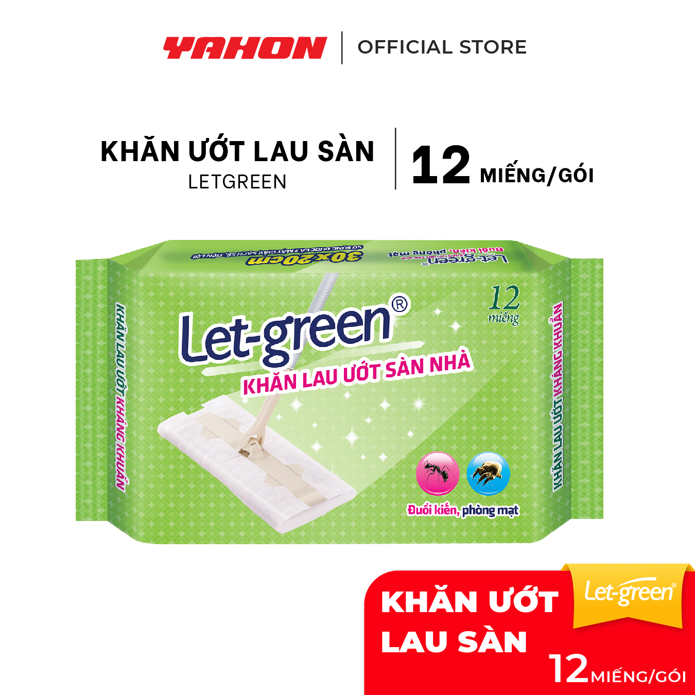 Khăn Giấy Ướt Lau Sàn Nhà LET-GREEN, Kháng khuẩn, Đuổi Kiến, Phòng Mạt, 12 Tờ/Bao