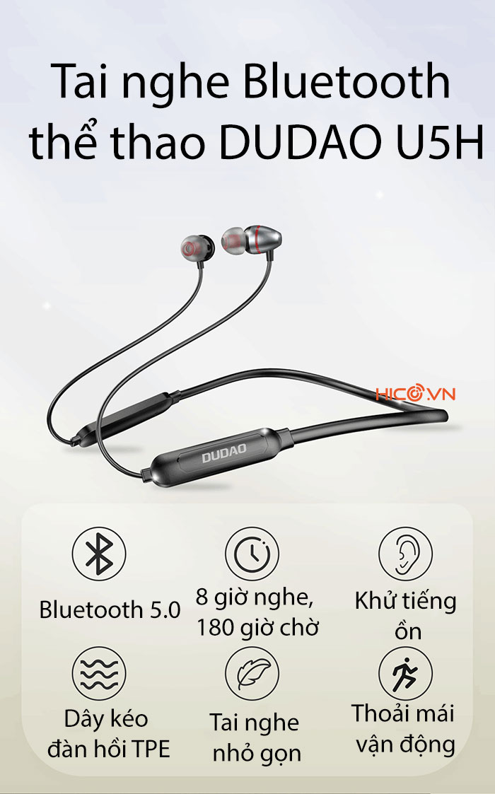 Tai Nghe Bluetooth Thể Thao Có Dây Đeo Cổ U5H 10m, Pin Cực Trâu, Âm Bass Mạnh Mẽ, Tai Nghe Thể Thao