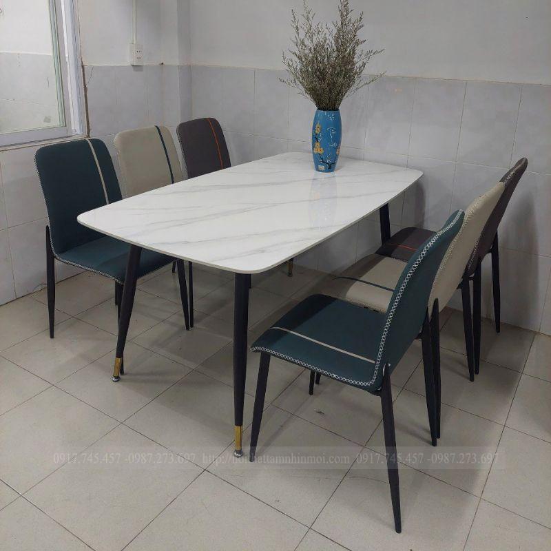 Bàn Ăn 6 Ghế Mặt Đá Chống thấm ố,Trầy, chân bàn sắt sơn tĩnh điện 002