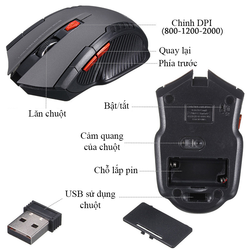 Chuột không dây chơi game 6 nút bấm 2000DPI, Wireless 2.4G  màu sắc nét , kiểu dáng nam tính - K1332