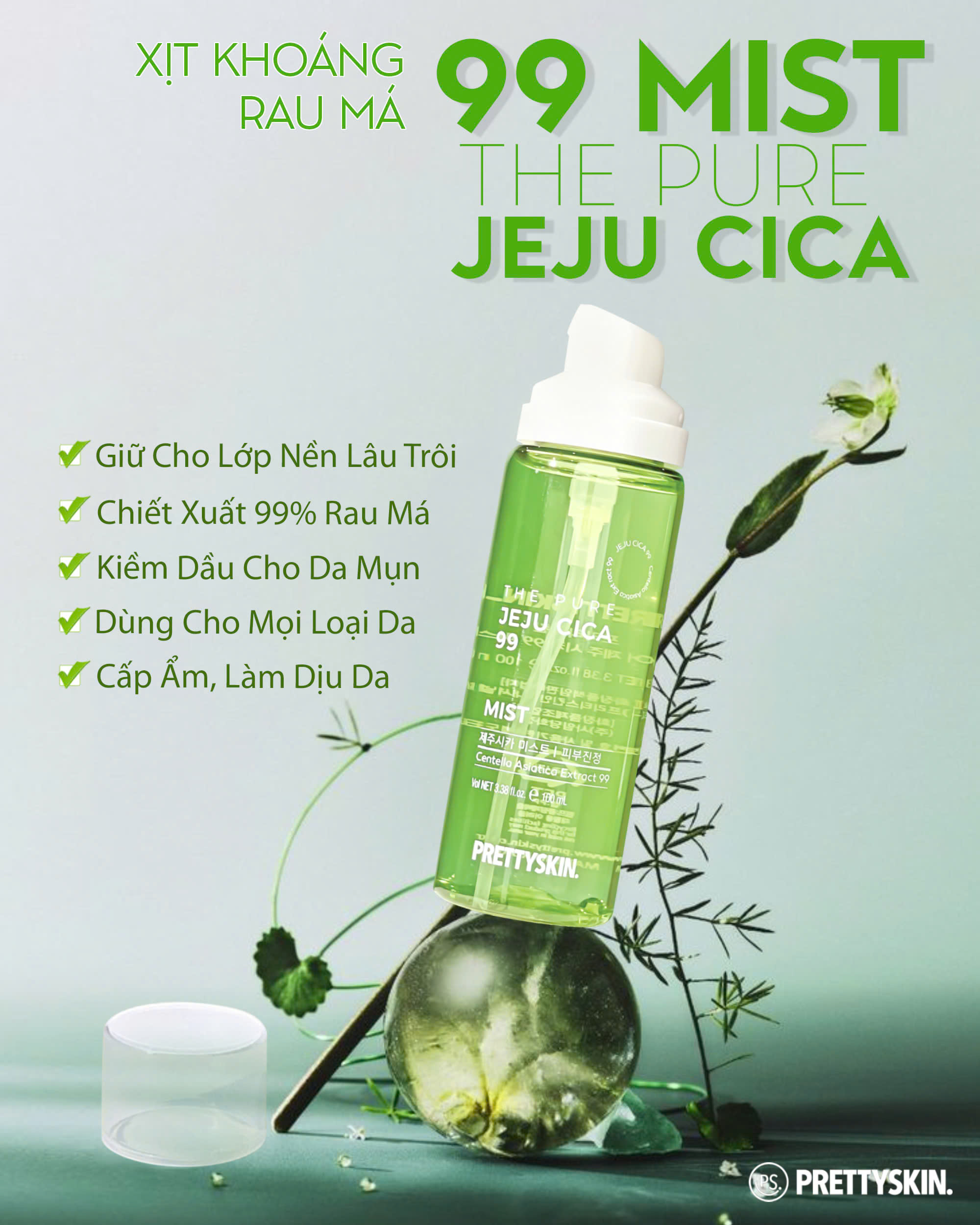 Xịt khoáng rau má Pretty Skin The Pure Jeju Cica 99 Mist làm dịu cấp ẩm cho da - Giữ lớp make up lâu trôi Hàn Quốc 100ml