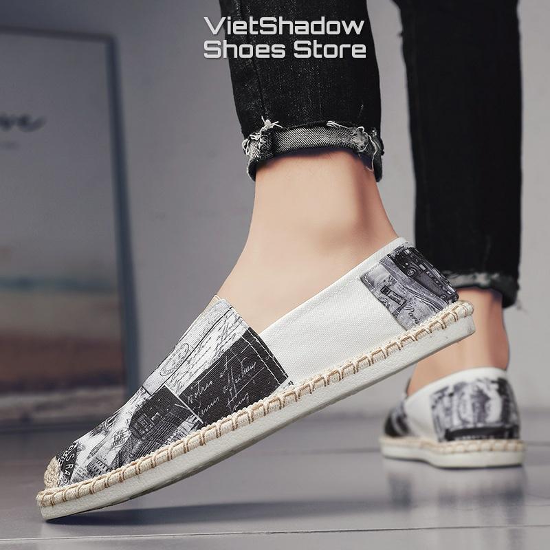 Giày lười vải nam in họa tiết - Slip on nam đế cói - Chất liệu vải bố cotton 2 màu đỏ và xám - Mã 2951