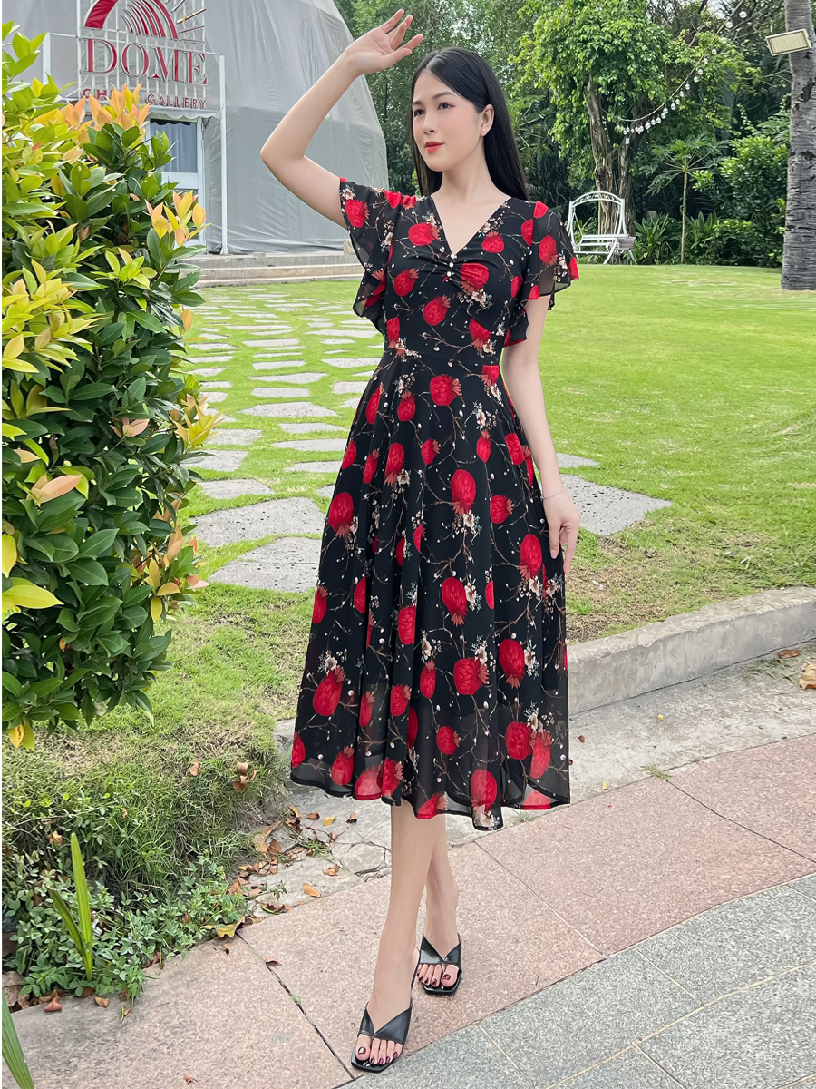 Đầm xòe họa tiết lạ mắt D106 - Khánh Linh Style - Lady Fashion