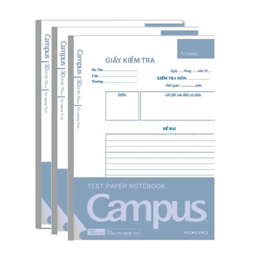 Set 3 tập giấy kiểm tra kẻ ngang Campus dạng xé 30 tờ khổ B5 / Tập kiểm tra Campus TPN B5L30