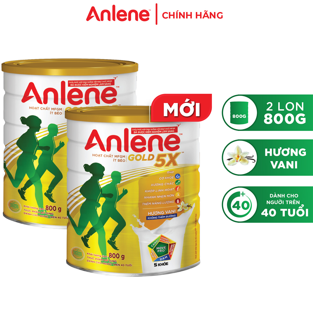 Combo 02 Sữa Bột Anlene Gold 5X Hương Vanilla (Hộp Thiếc 800g) - Tặng chảo Elmich