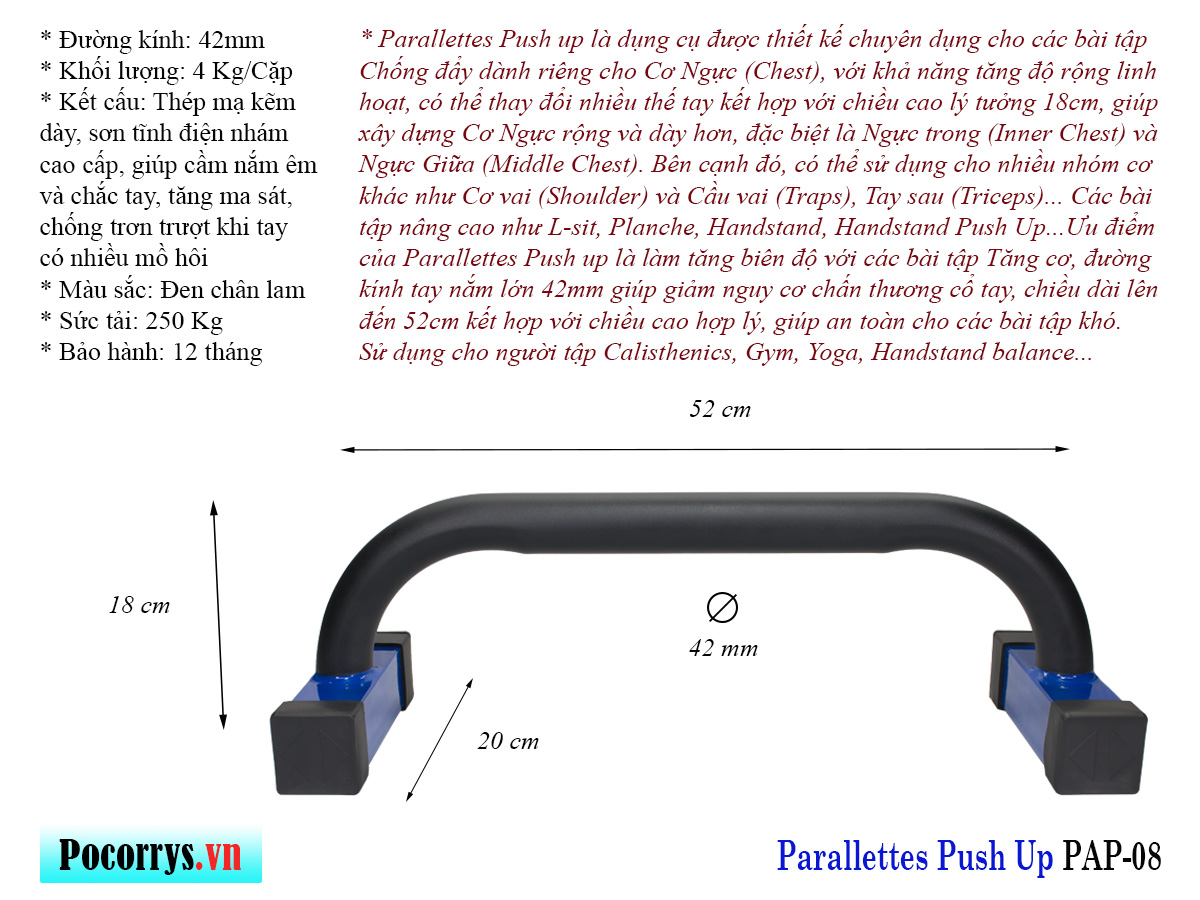 Dụng cụ chống đẩy, hít đất, Parallettes Push up cao 18cm Pocorrys PAP-08, Màu đen lam