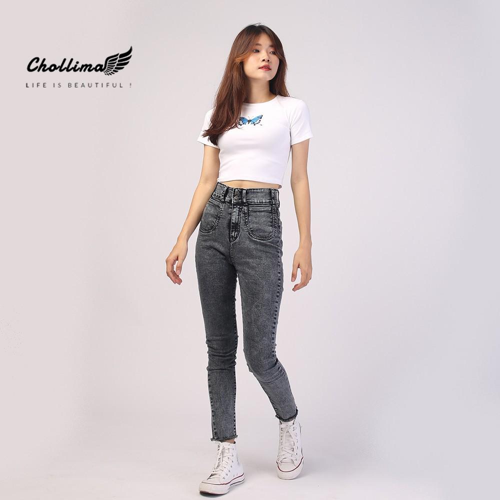 Quần dài jeans nữ co giãn Chollima cạp siêu cao khoét 2 túi màu xám QD006 – quần bò nữ