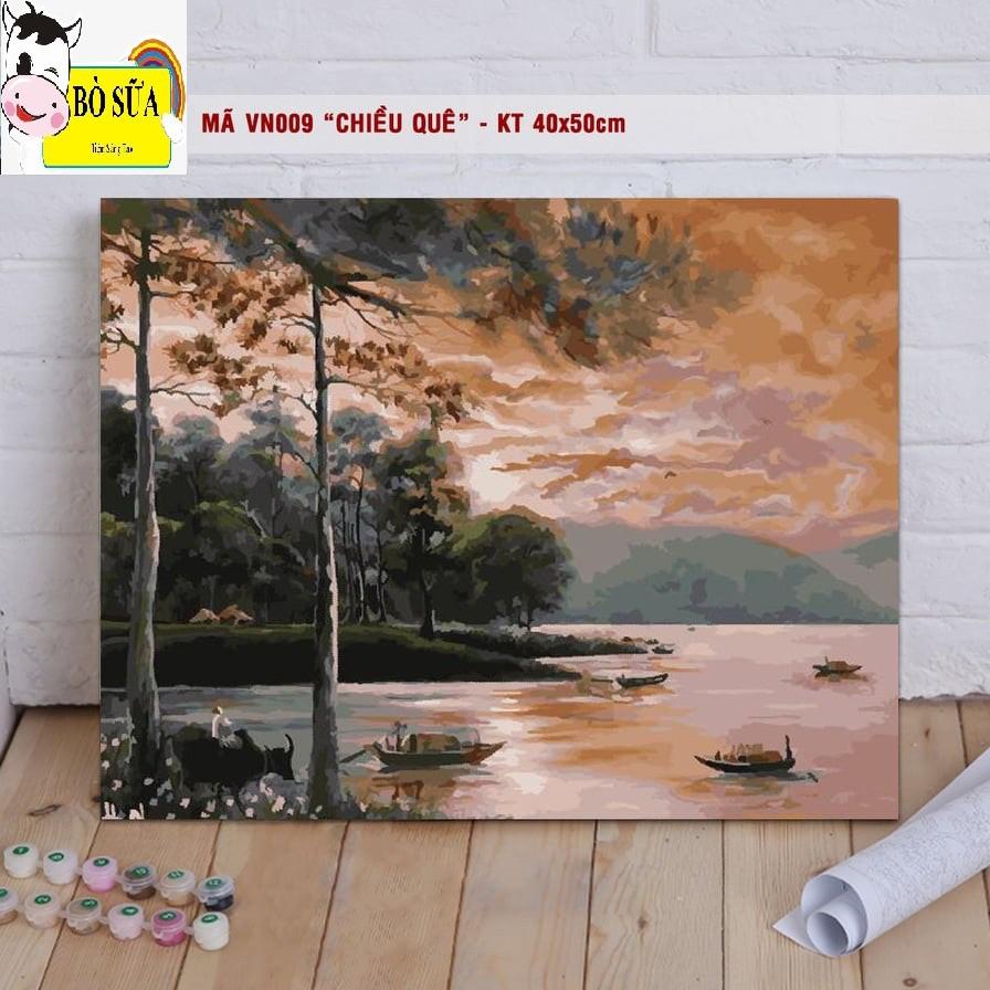 (Loại Khung dày) Tranh sơn dầu số hóa mã VN009 &quot; Chiều quê &quot; tranh phong cảnh Việt Nam size 40x50cm