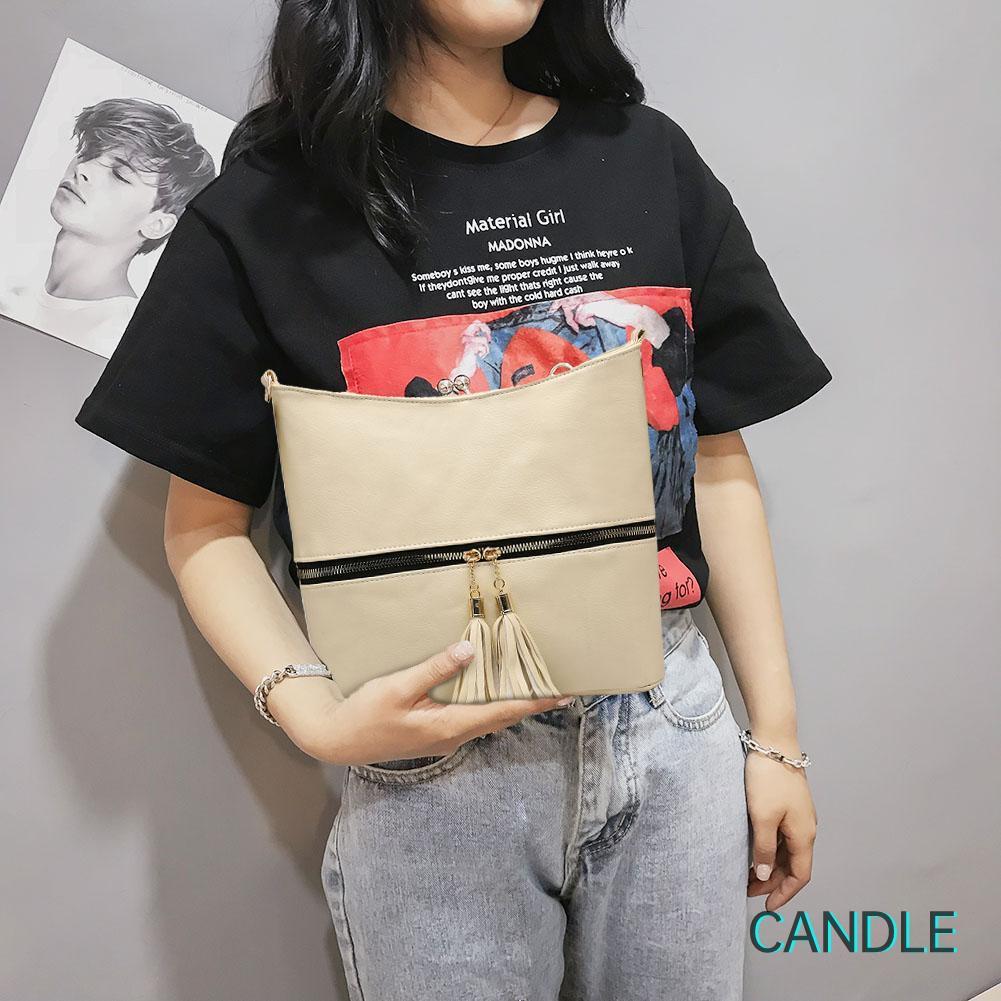 Túi Da Đeo Chéo Màu Trơn Phối Tua Rua