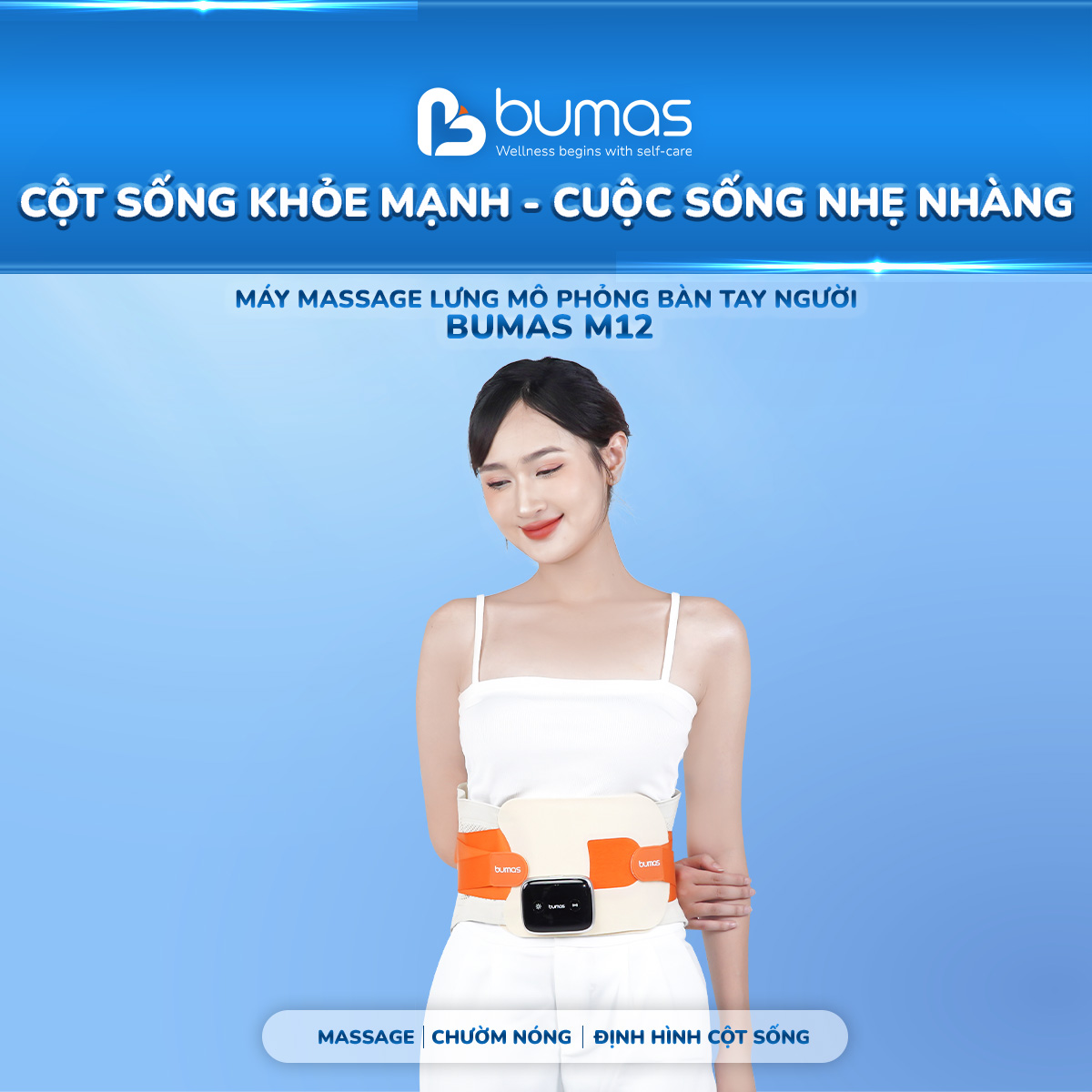 Máy Massage Lưng BUMAS M12 - Massage Rung Kết Hợp Chườm Nóng, Đai Định Hình Cột Sống