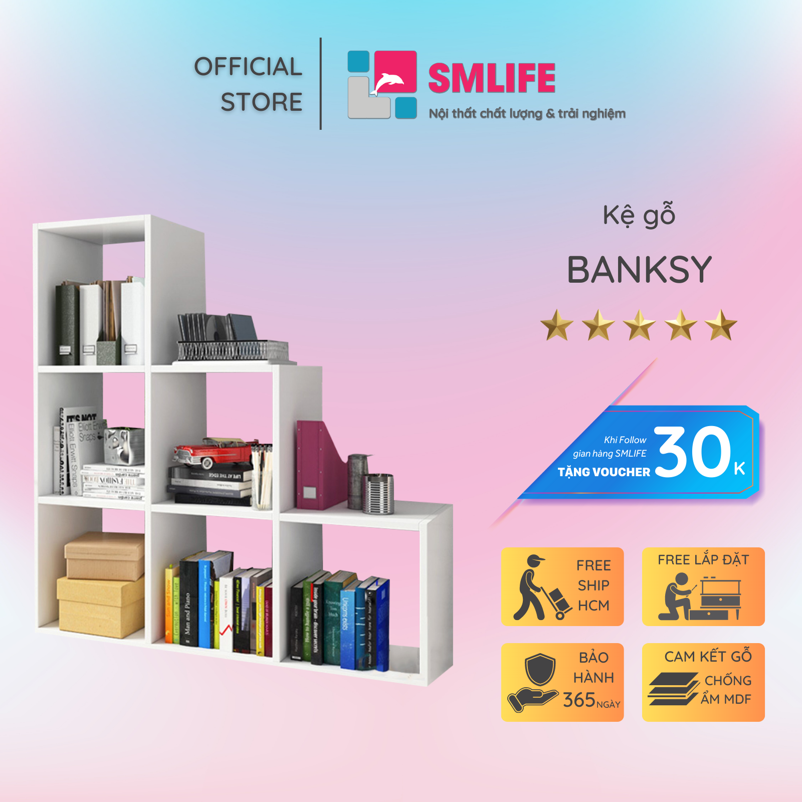 Kệ sách gỗ hiện đại SMLIFE Banksy | Gỗ MDF dày 17mm chống ẩm | D112xR28xC112cm