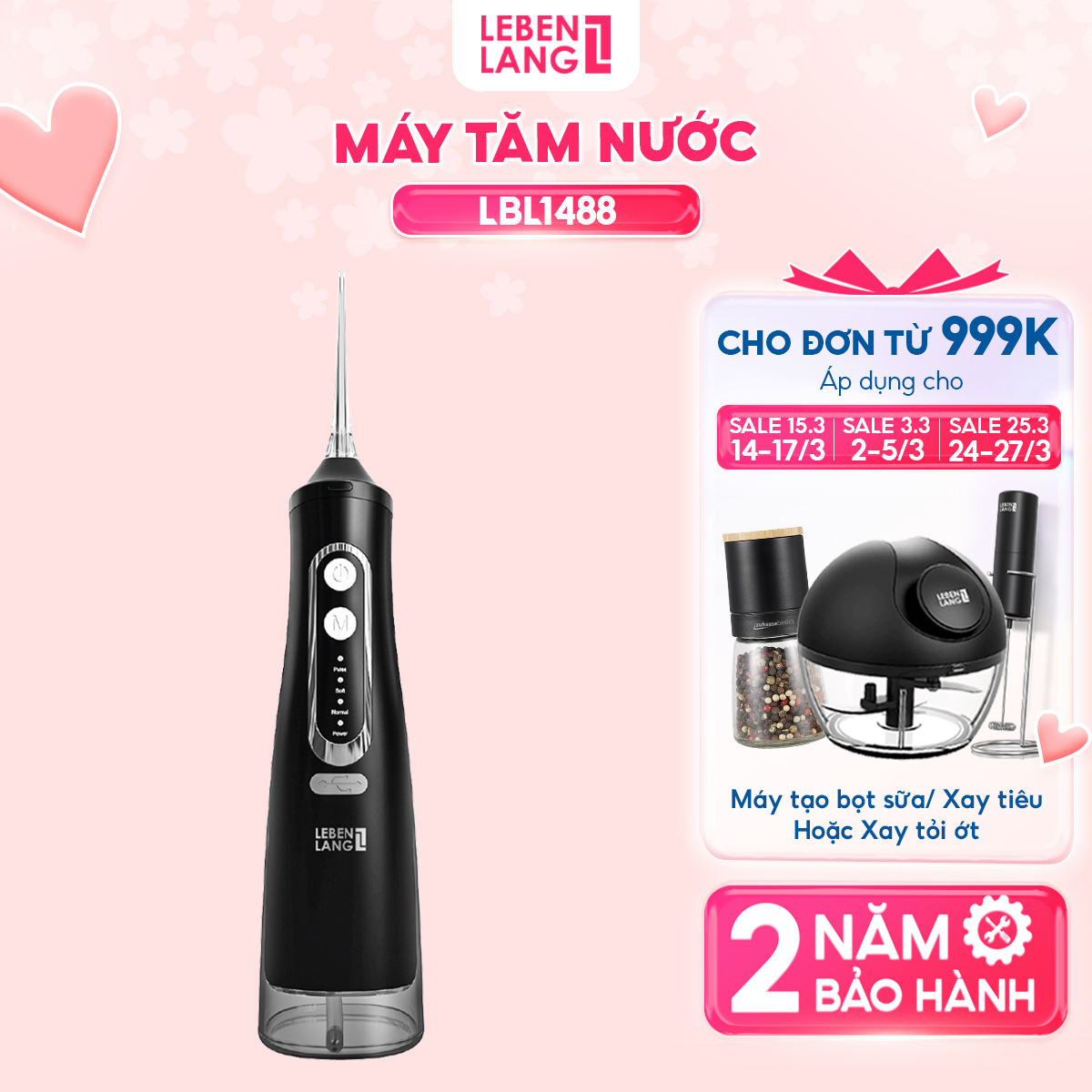 Máy tăm nước Lebenlang cầm tay LBT1488, 6W, chống thấm nước 2000mah, 310ml, tích hợp pin, bảo hành 2 năm - hàng chính hãng