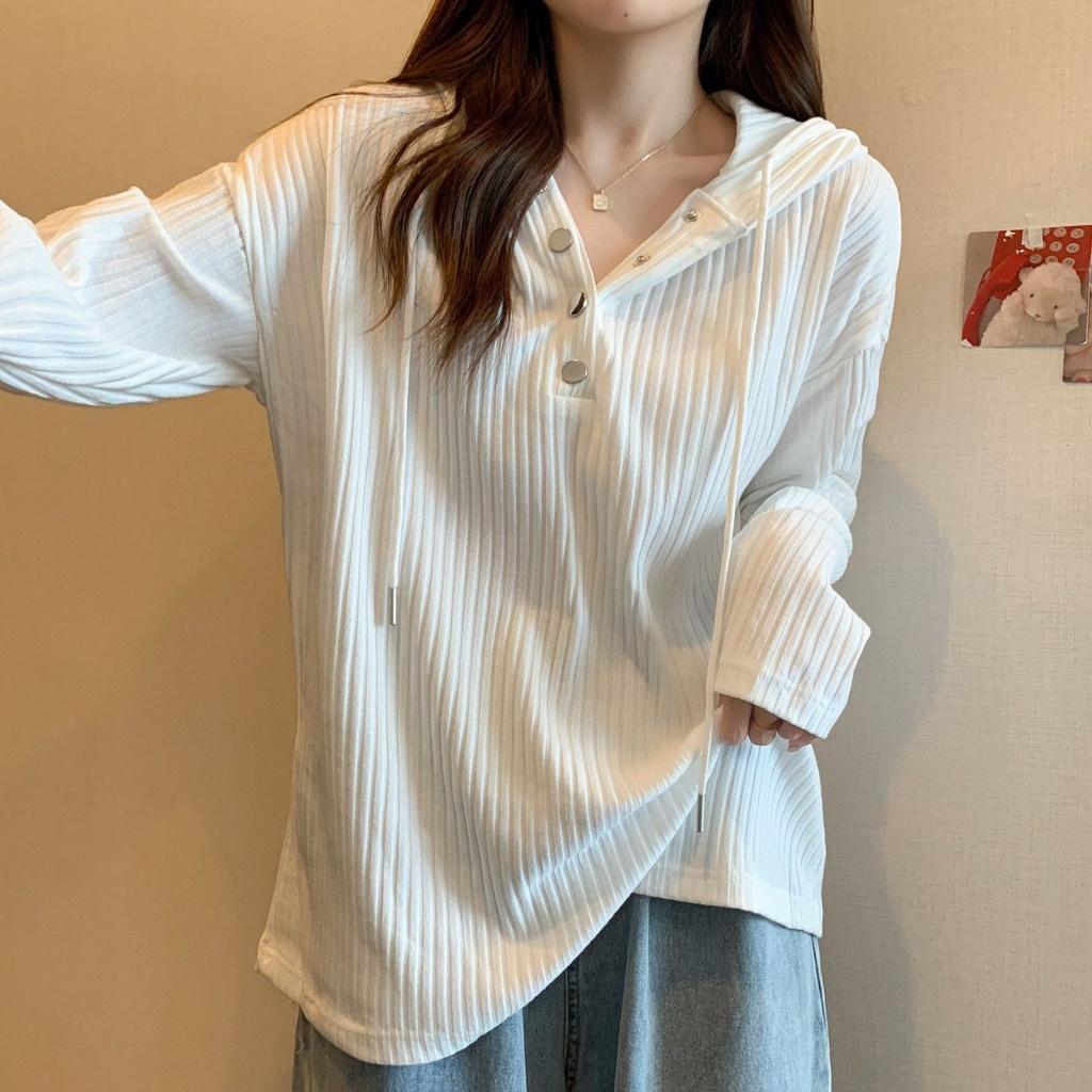 Áo Hoodie Nữ Mỏng Vải Nhung Thun Dài Tay Cúc Bấm