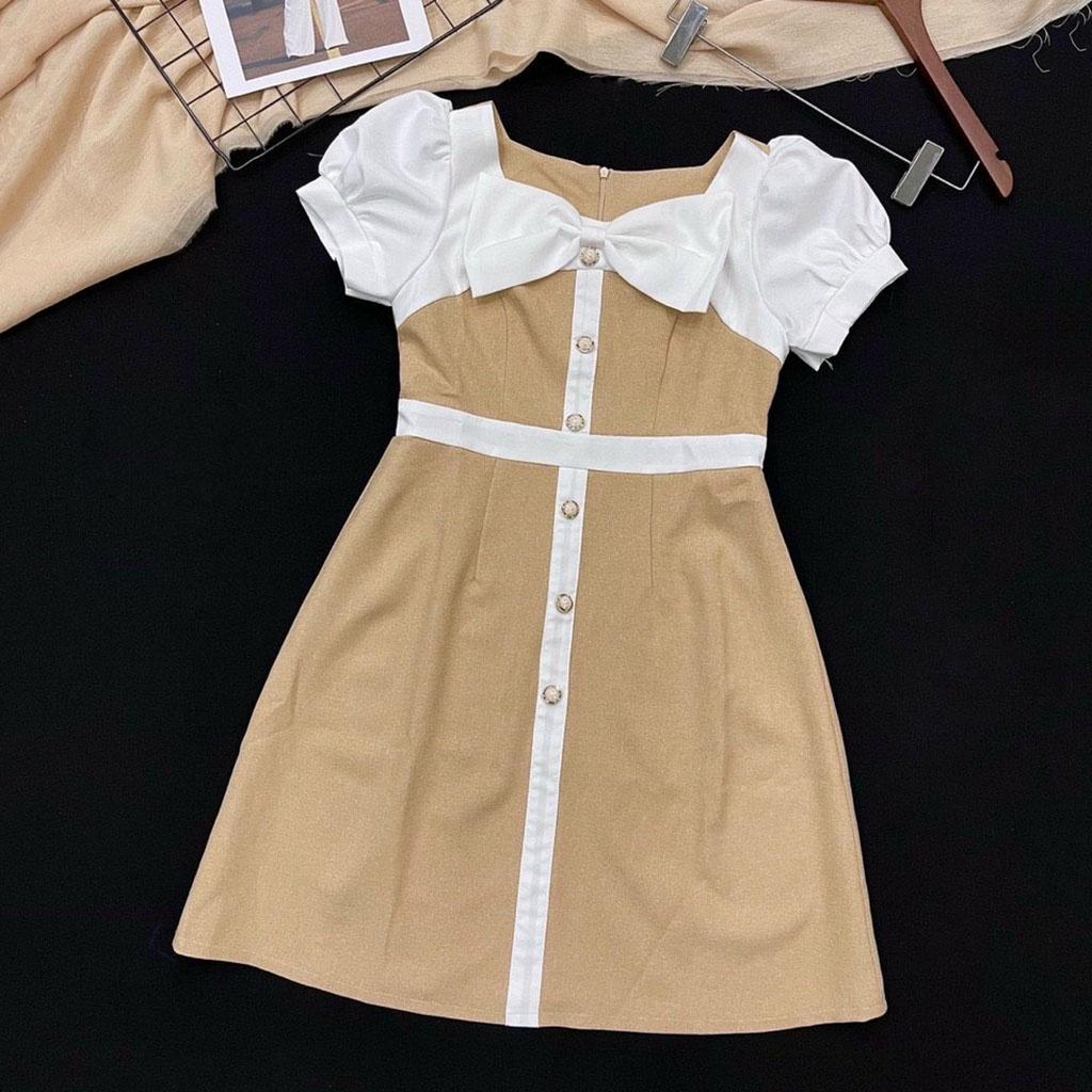 Đầm suông nữ công sở tay ngắn phồng phối nơ kết hợp hàng cúc giữa chất cotton nhẹ mát