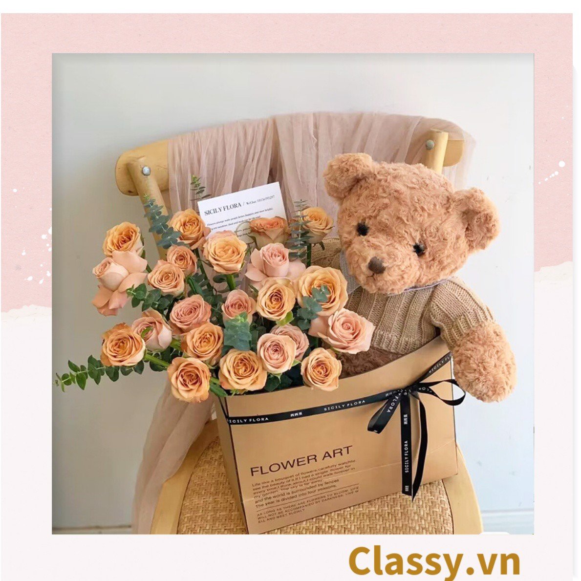 Túi giấy quai xách 30 X 25 X 13 cm đựng hoa trang trí in chữ Flower Art màu Nâu kraft vintage Q1727