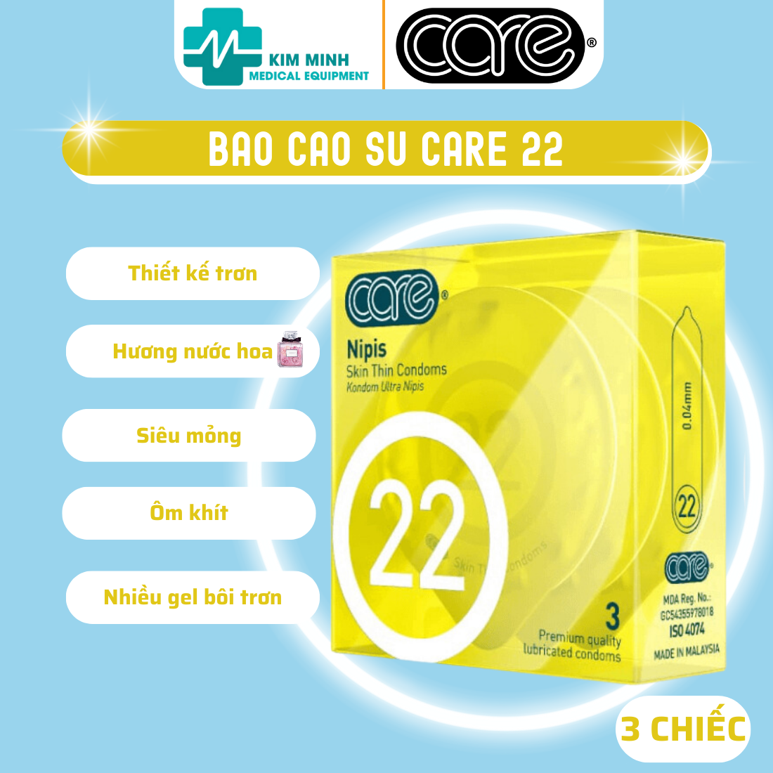 Bao cao su siêu mỏng Care 22 truyền nhiệt nhanh, nhiều gel, cao cấp cảm giác chân thật hộp 3, 6 chiếc